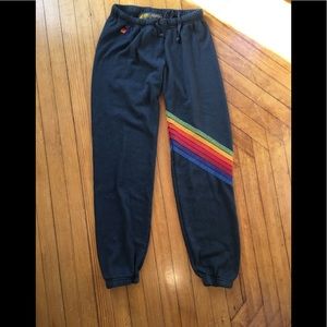 Aviator Nation women’s navy sweatpants with chevron rainbow stripe Small
